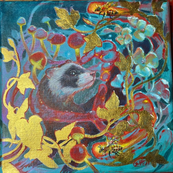 Ferret Mushroom Gold Accent Painting Original Art honeybee Artwork Artettina USA - Picture 2 of 11